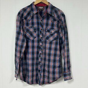 Cowboy Up Men's Western Red White Blue Snap Button Down Long Sleeve Shirt Sz L